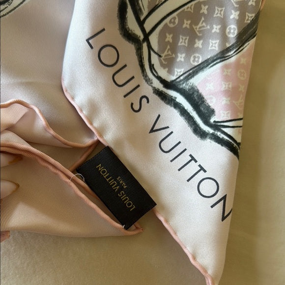 LOUIS VUITTON Pink & Gray Luggage Print Silk Bandeau Scarf (kept unused) no tags attached