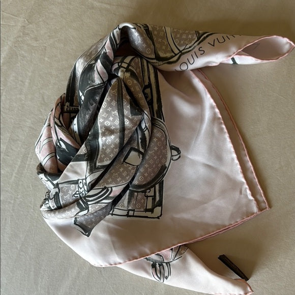 LOUIS VUITTON Pink & Gray Luggage Print Silk Bandeau Scarf (kept unused) no tags attached