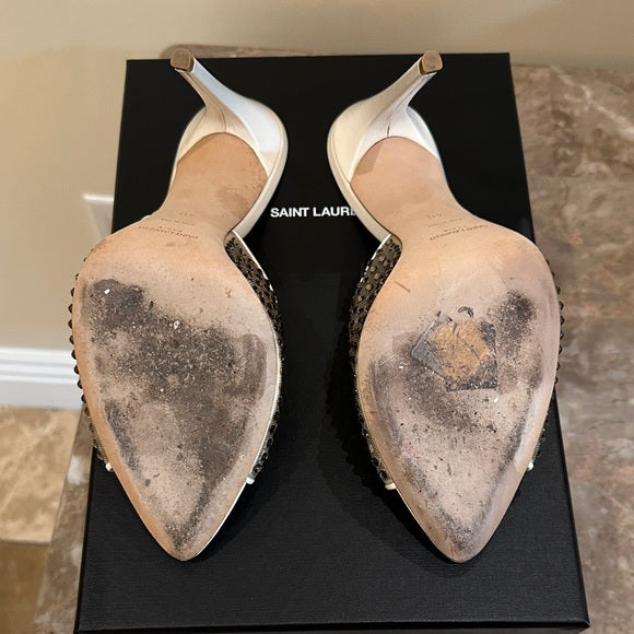 Saint Laurent Nude Blonde Crystal Mesh Mules – 11cm Heel (Worn Once)