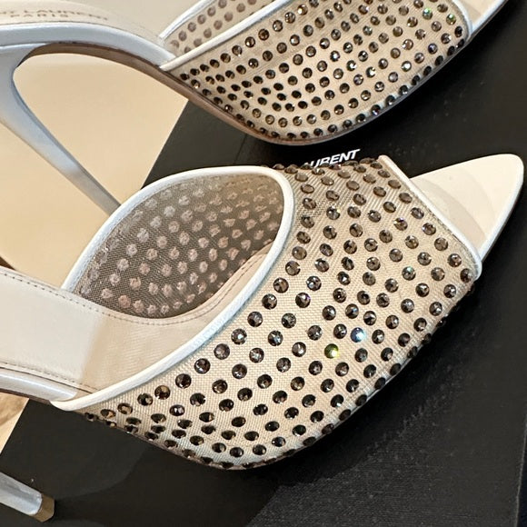 Saint Laurent Nude Blonde Crystal Mesh Mules – 11cm Heel (Worn Once)