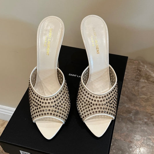 Saint Laurent Nude Blonde Crystal Mesh Mules – 11cm Heel (Worn Once)
