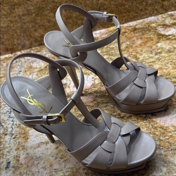 Yves Saint Laurent Tribute T-Strap cream High Heel Platform Sandals