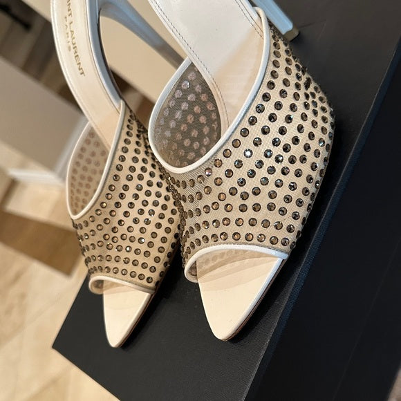 Saint Laurent Nude Blonde Crystal Mesh Mules – 11cm Heel (Worn Once)