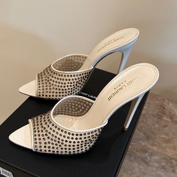 Saint Laurent Nude Blonde Crystal Mesh Mules – 11cm Heel (Worn Once)