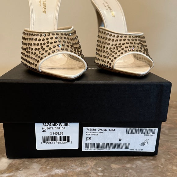 Saint Laurent Nude Blonde Crystal Mesh Mules – 11cm Heel (Worn Once)