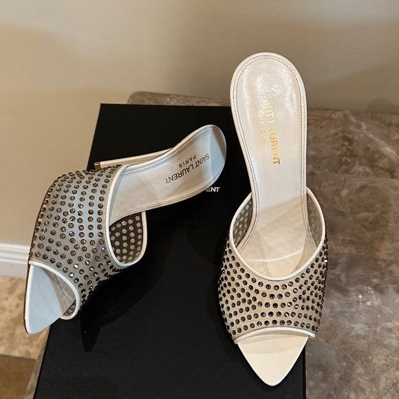 Saint Laurent Nude Blonde Crystal Mesh Mules – 11cm Heel (Worn Once)