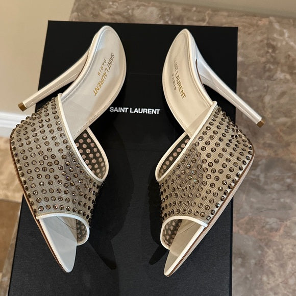 Saint Laurent Nude Blonde Crystal Mesh Mules – 11cm Heel (Worn Once)